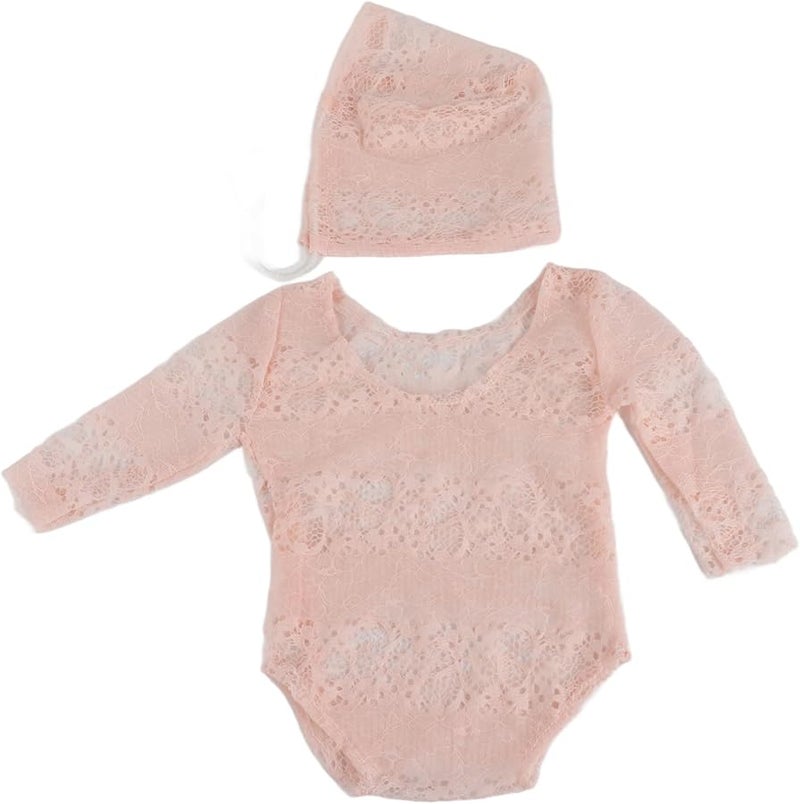 Newborn Baby Photography Prop Pink Lace Romper Hat Set Soft Breathable Wrap - Image 1